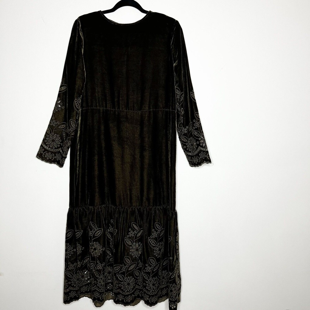 Zara Woman Green Velvet Midi Dress Laser Cut Floral Embroidery Women’s M